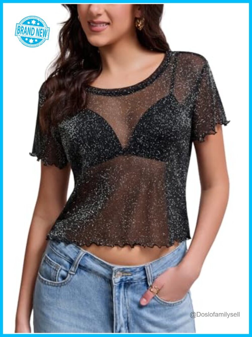 Women's Sheer Nylon Blend Mesh Short Sleeve Crew Neck Blouse